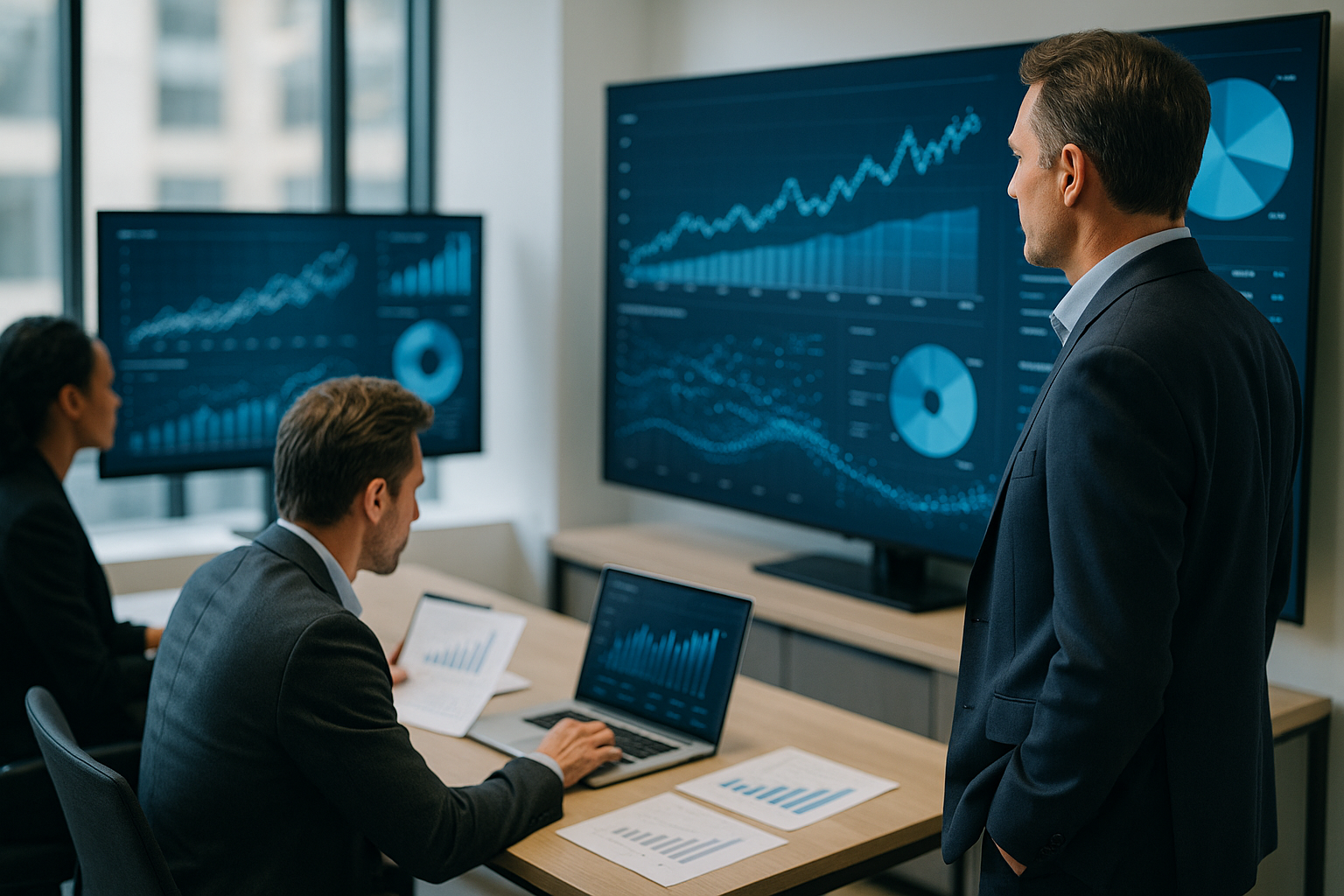 Team aziendale che analizza dati e performance per definire strategie nell’economia digitale