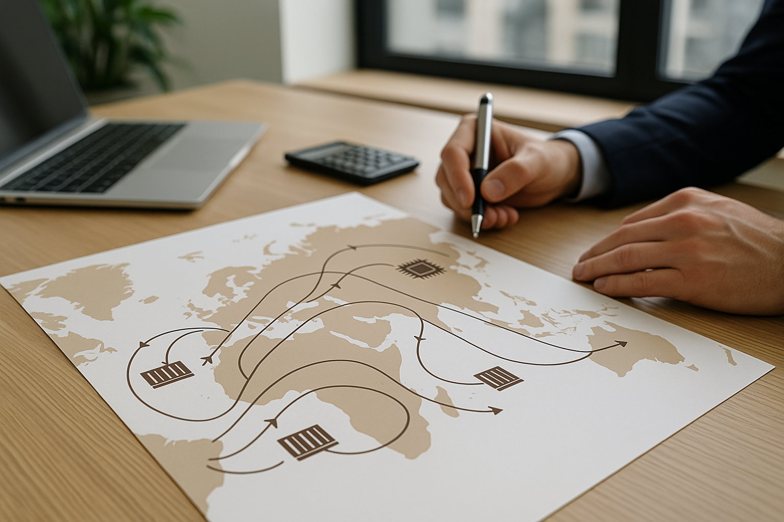 Mappa concettuale delle rotte commerciali tra Europa e Asia con elementi logistici e industriali