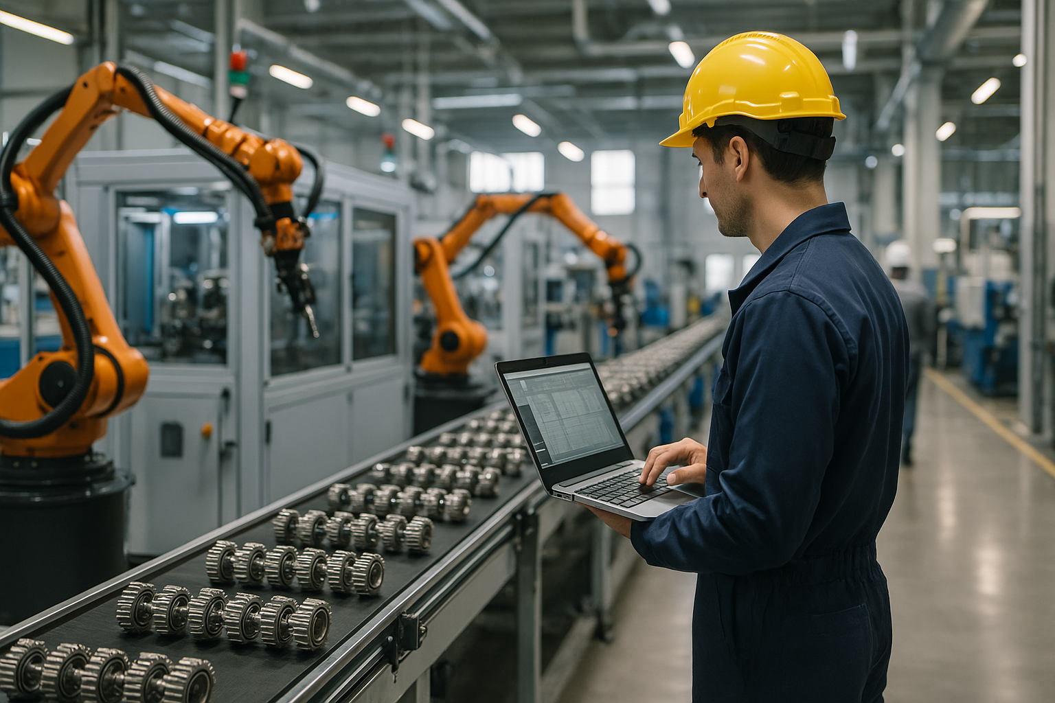 Stabilimento industriale moderno con linee automatizzate e tecnici in attività
