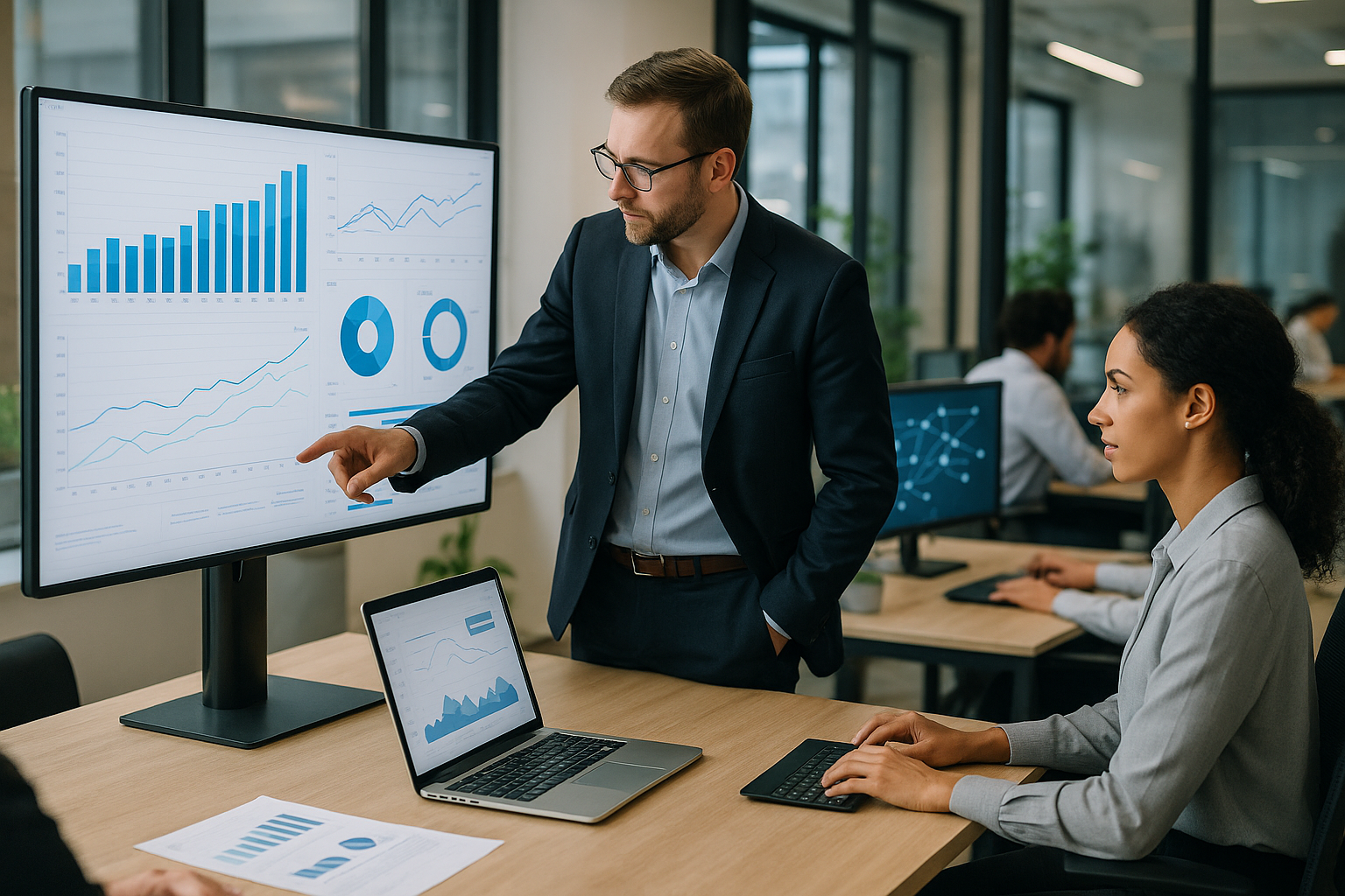 Team in ufficio moderno che analizza dati e processi digitali su schermi e dashboard