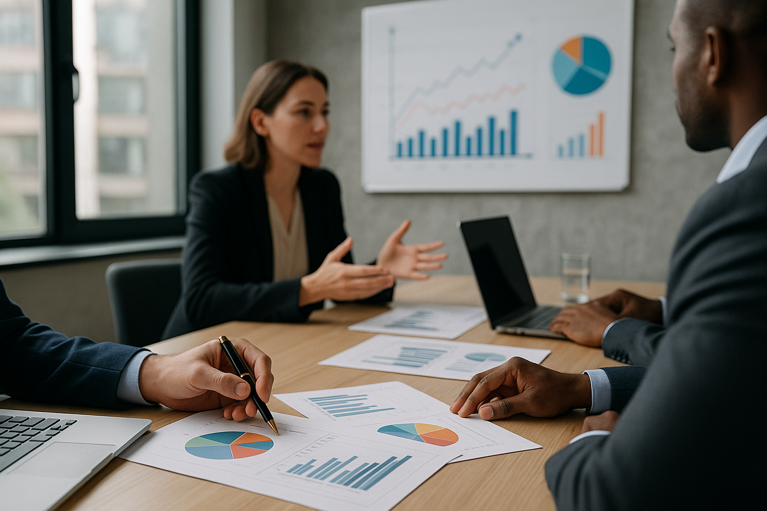 Team in ufficio che analizza grafici economici e definisce strategie di adattamento aziendale