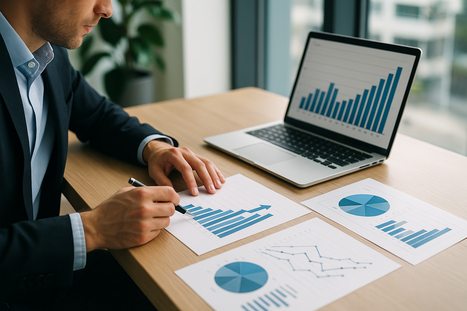 Scrivania con laptop e grafici finanziari che rappresentano la crescita di un'impresa tecnologica