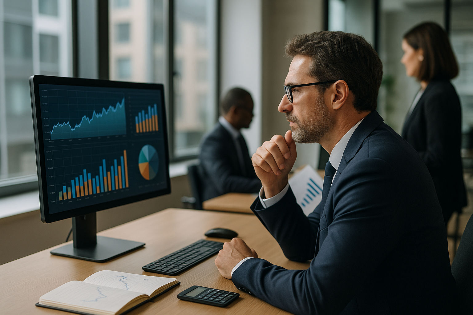 Manager in ufficio analizzano grafici economici e scenari finanziari durante un periodo di incertezza