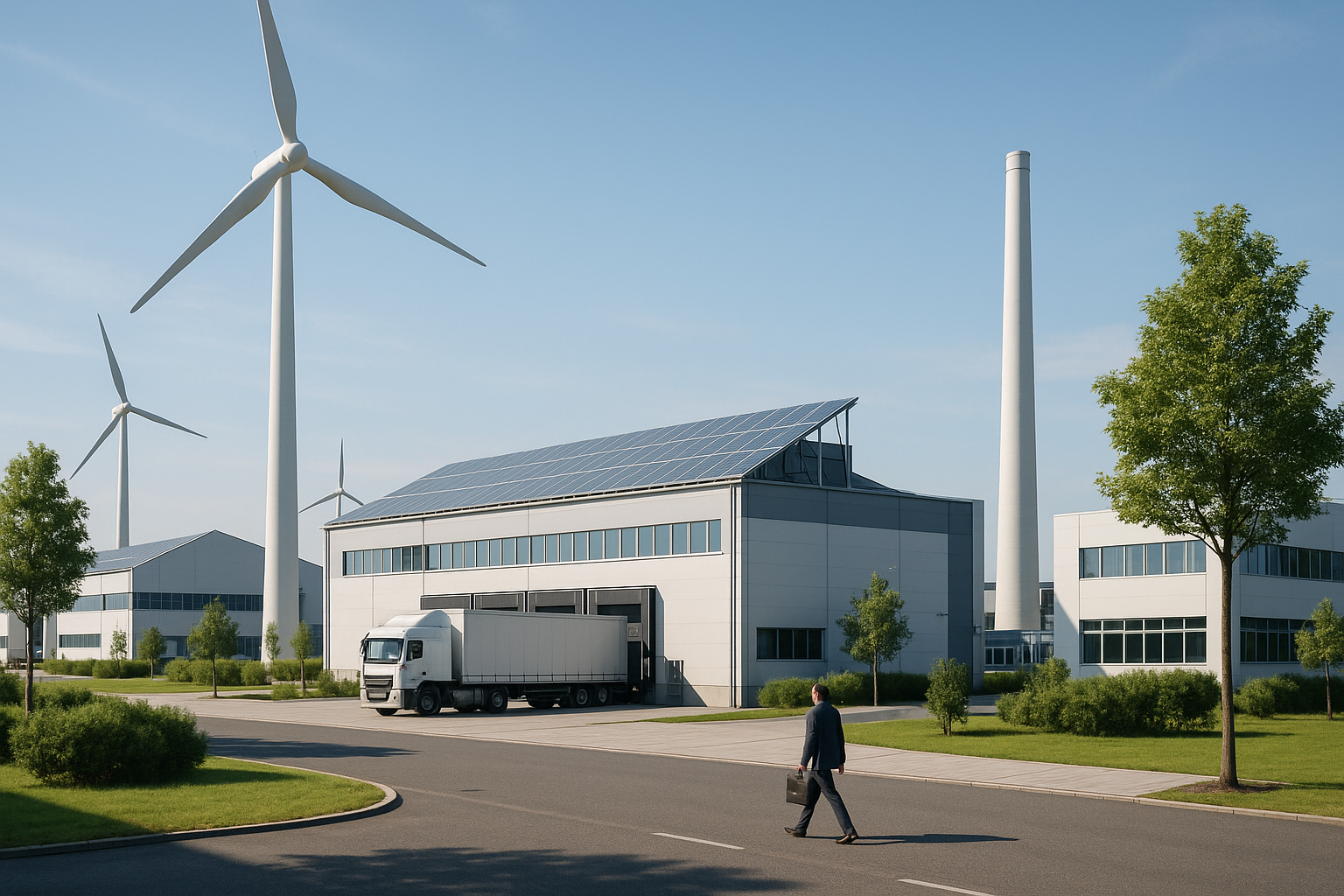 Distretto industriale moderno con soluzioni di efficienza energetica e logistica sostenibile