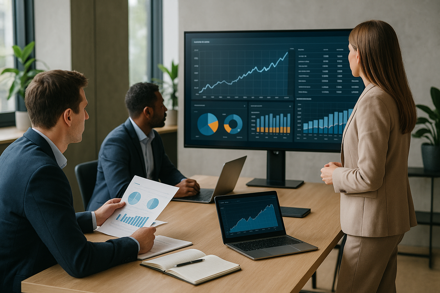 Team in ufficio analizza dati e dashboard digitali per migliorare processi aziendali