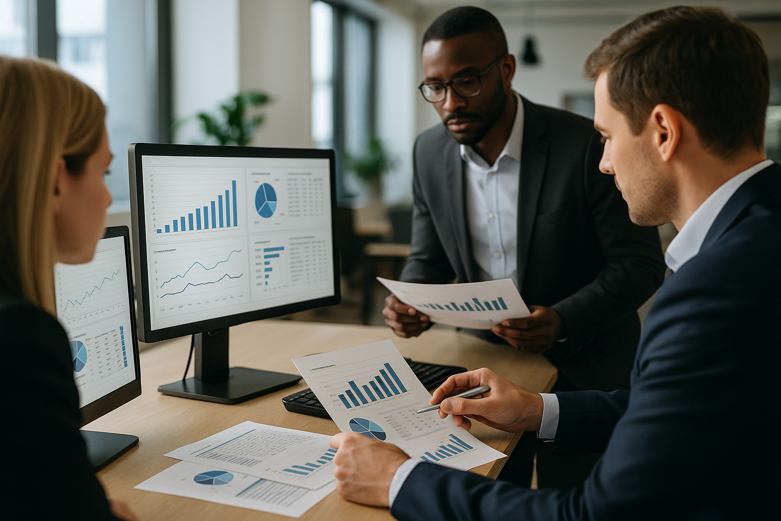 Team in ufficio che analizza dati e KPI su schermi per decisioni aziendali