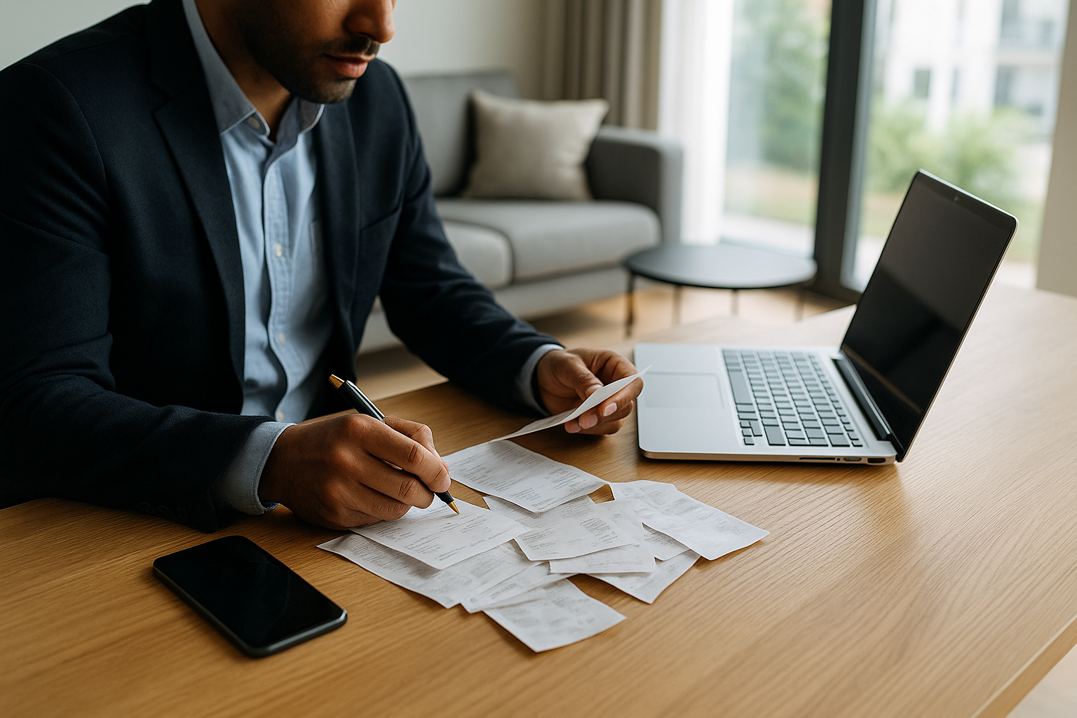 Tavolo con ricevute, smartphone e laptop che rappresentano scelte di consumo e gestione del budget