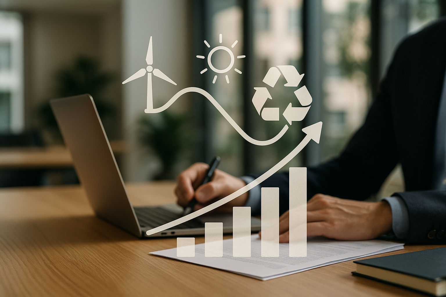 Crescita economica e sostenibilità rappresentate con grafico e simboli di energia pulita e riciclo