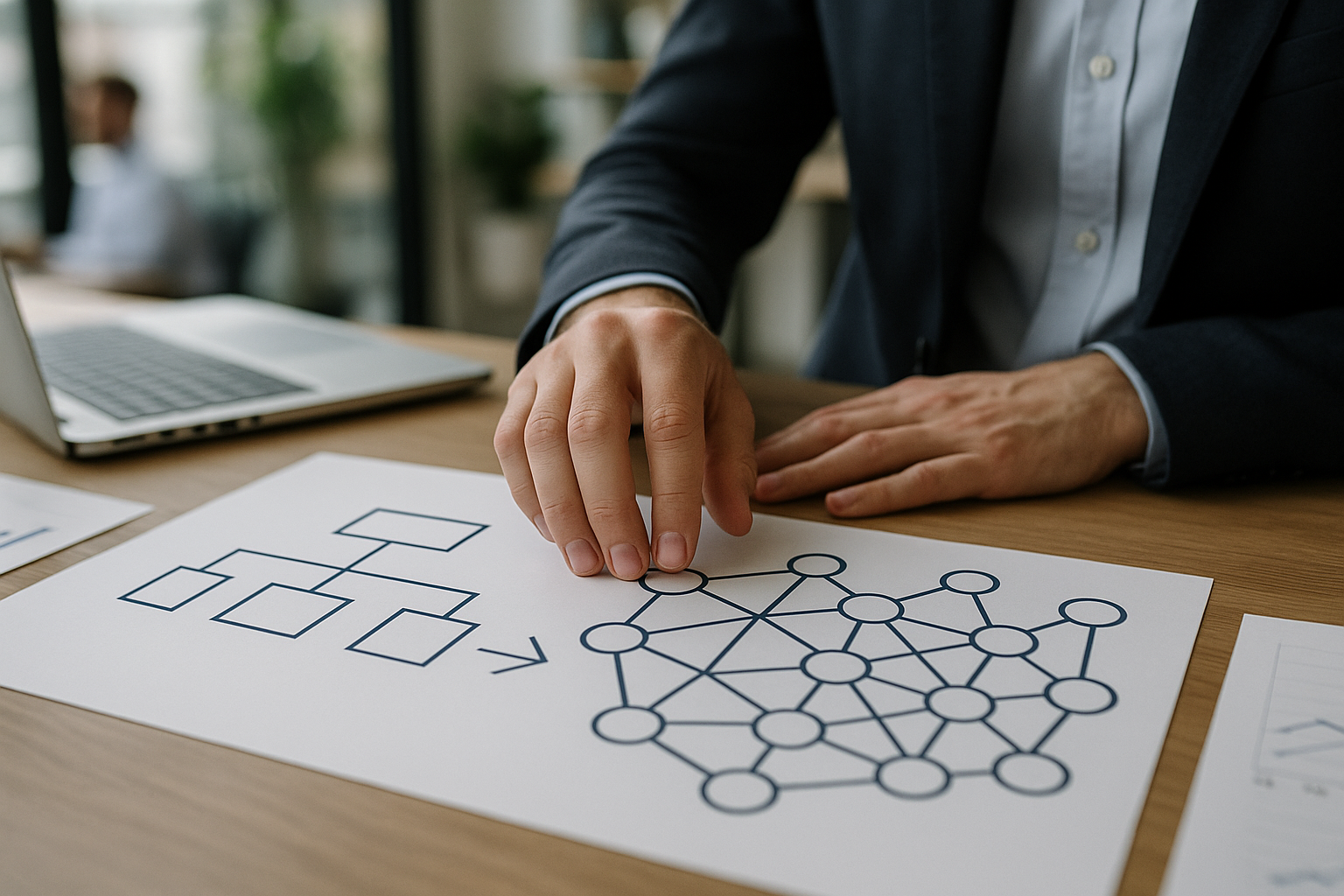Rappresentazione di un passaggio da organigramma gerarchico a rete di team cross-funzionali