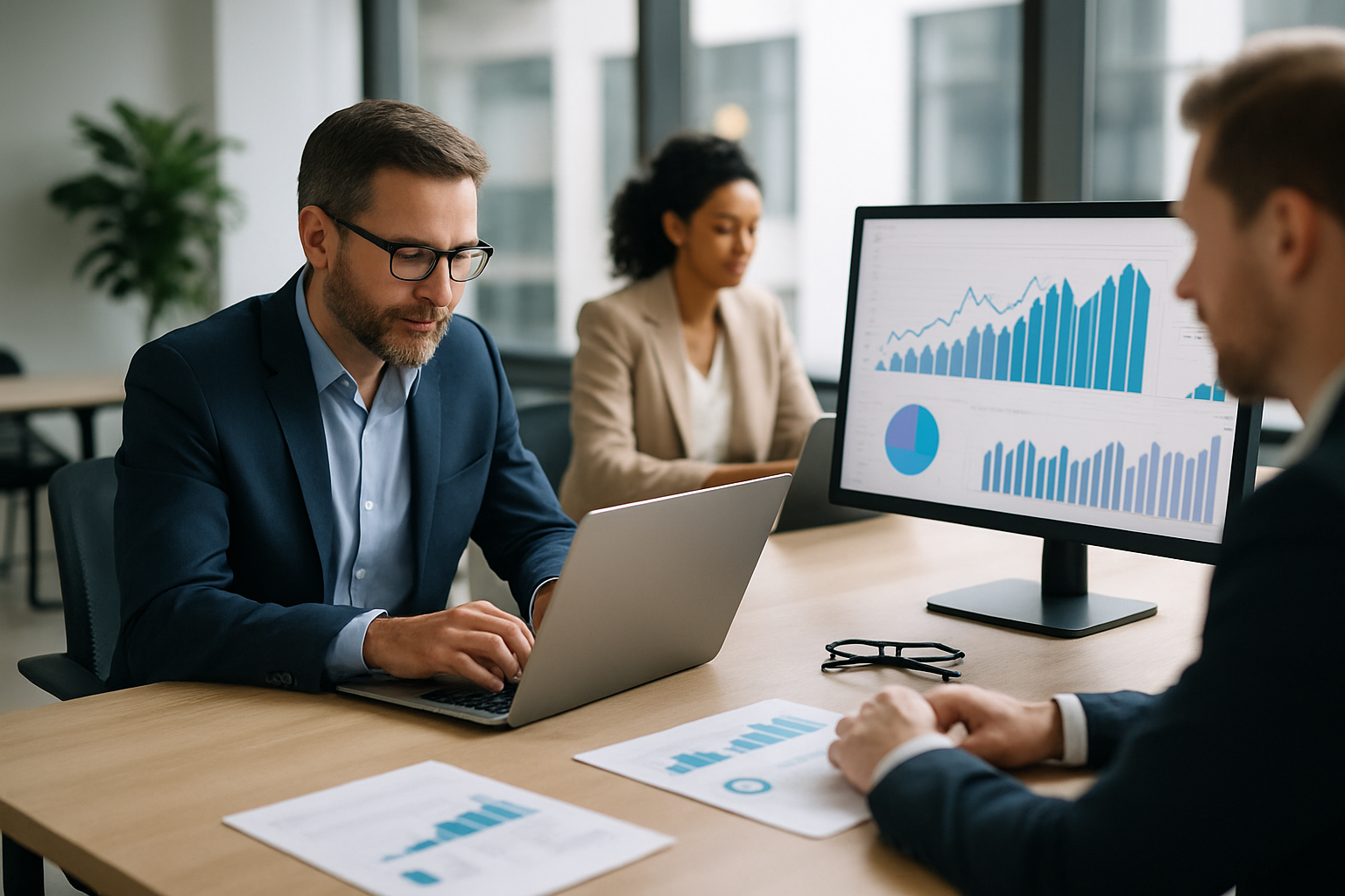 Team in ufficio moderno che analizza dati e coordina attività digitali per migliorare la produttività
