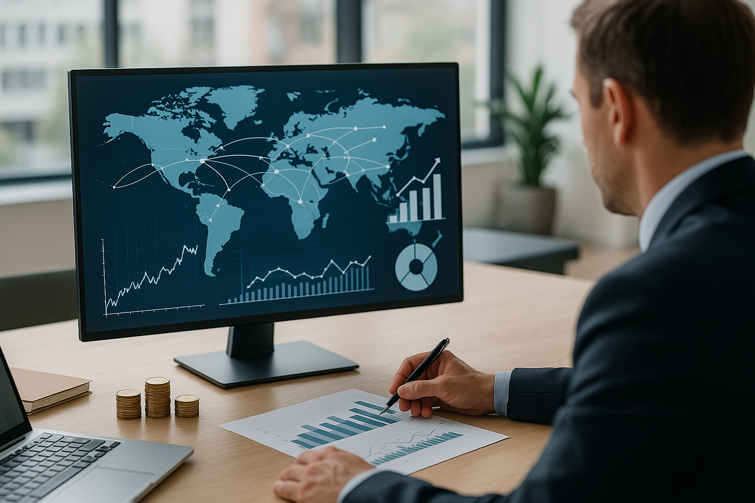 Mappa del mondo e grafici che rappresentano supply chain e finanza nella globalizzazione degli affari