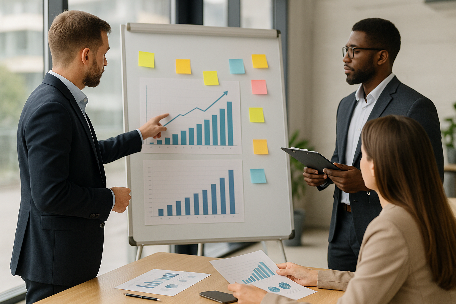 Team in ufficio che pianifica iniziative di innovazione e analizza indicatori di crescita
