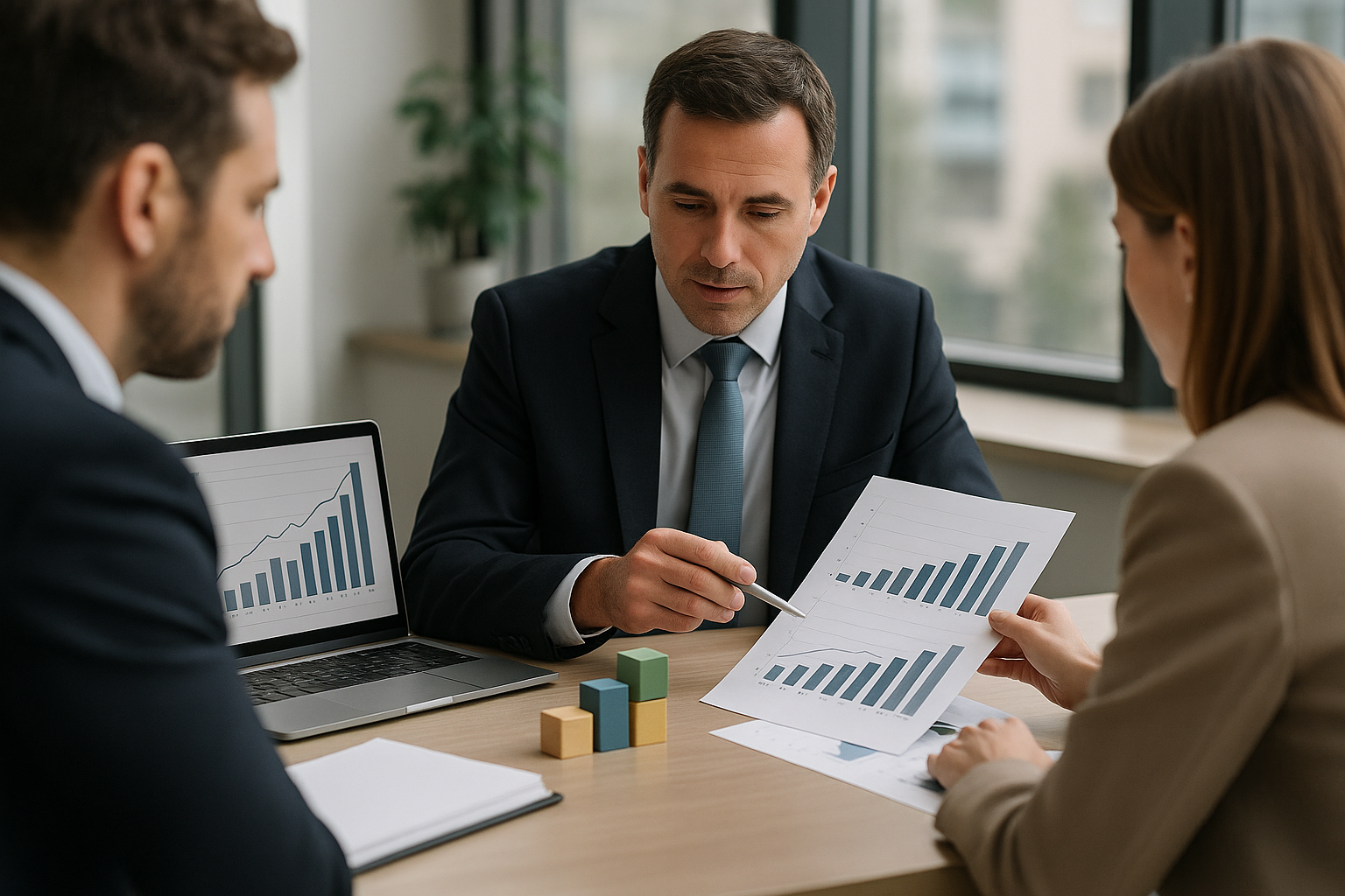 Team aziendale che valuta un portafoglio di investimenti con approccio modulare e analisi del rischio