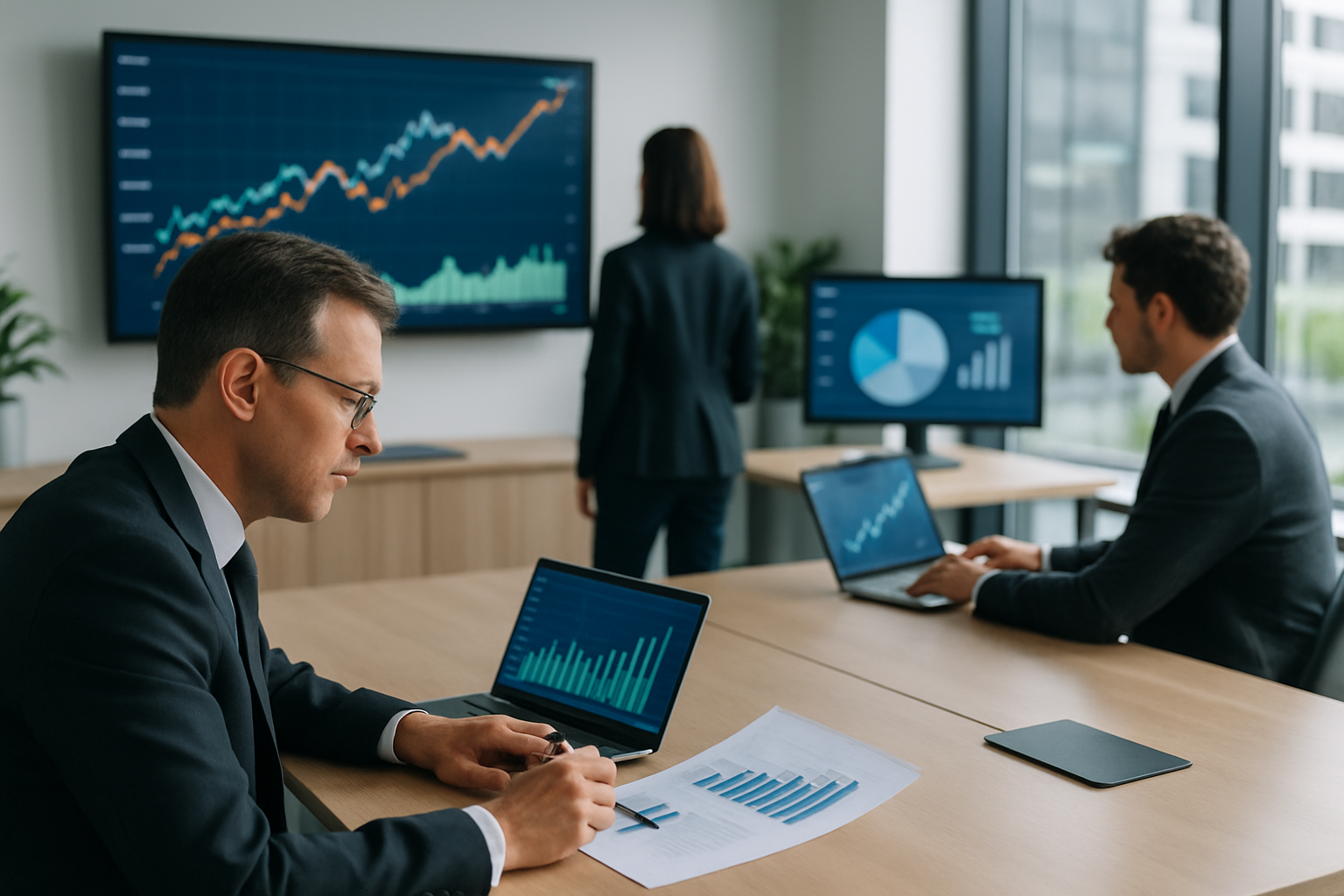 Manager in ufficio analizzano dati economici e grafici di mercato per gestire l’incertezza
