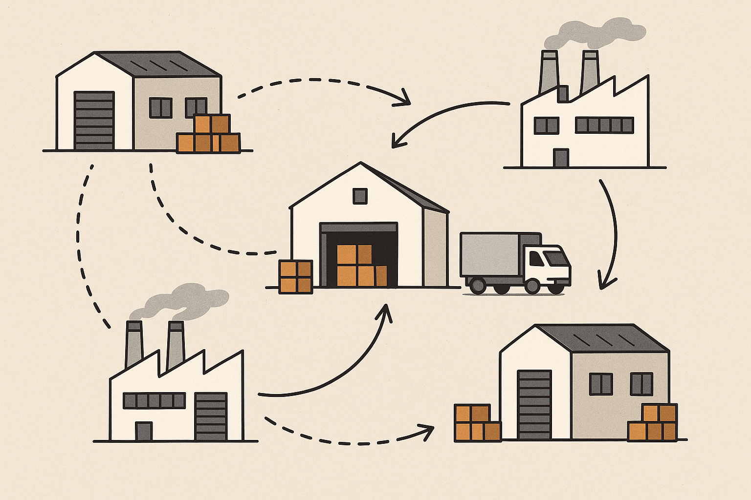 Rete di catene di produzione con nodi industriali e flussi logistici tra regioni