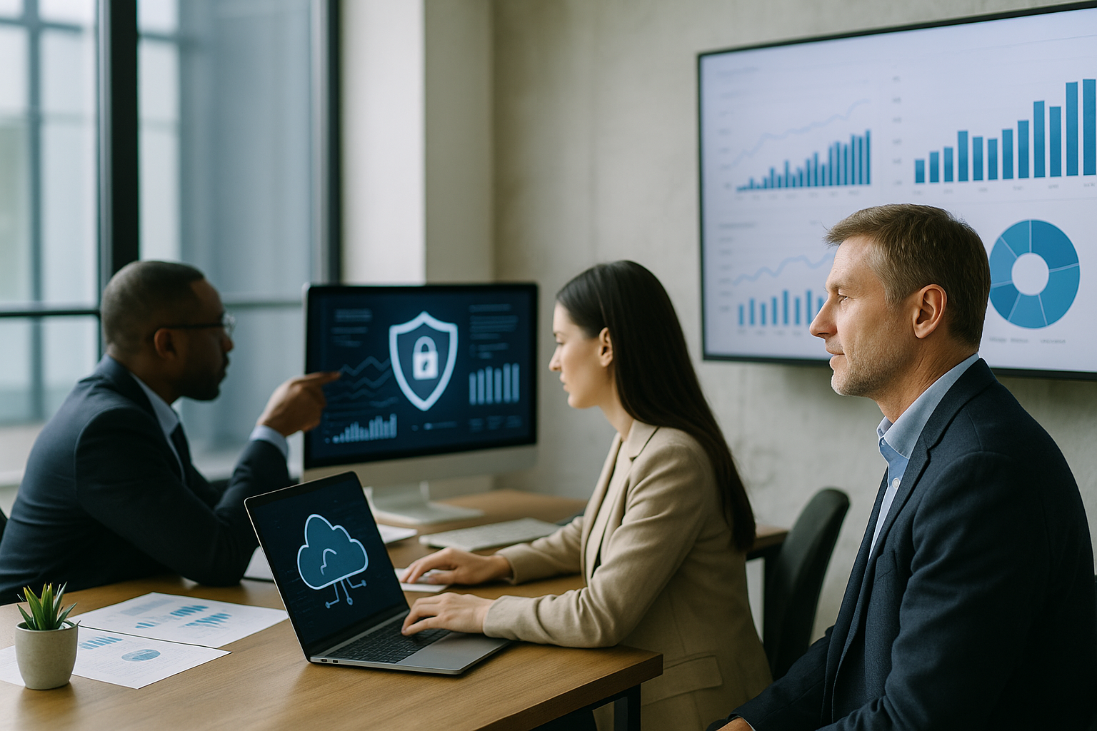 Professionisti in ufficio mentre analizzano dati aziendali su schermi, con elementi che richiamano cloud e sicurezza informatica