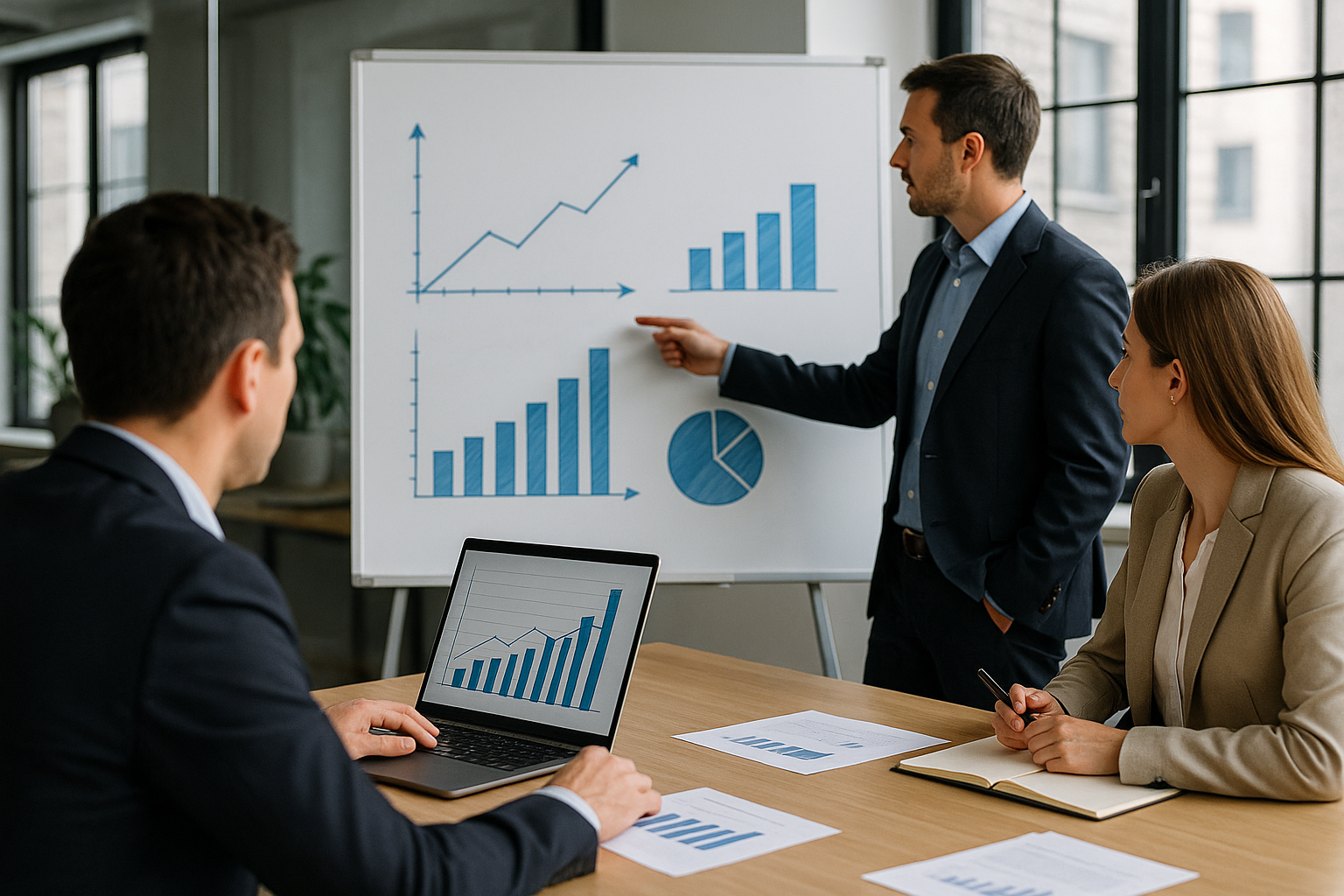 Team aziendale che analizza dati e strategie per l’innovazione economica