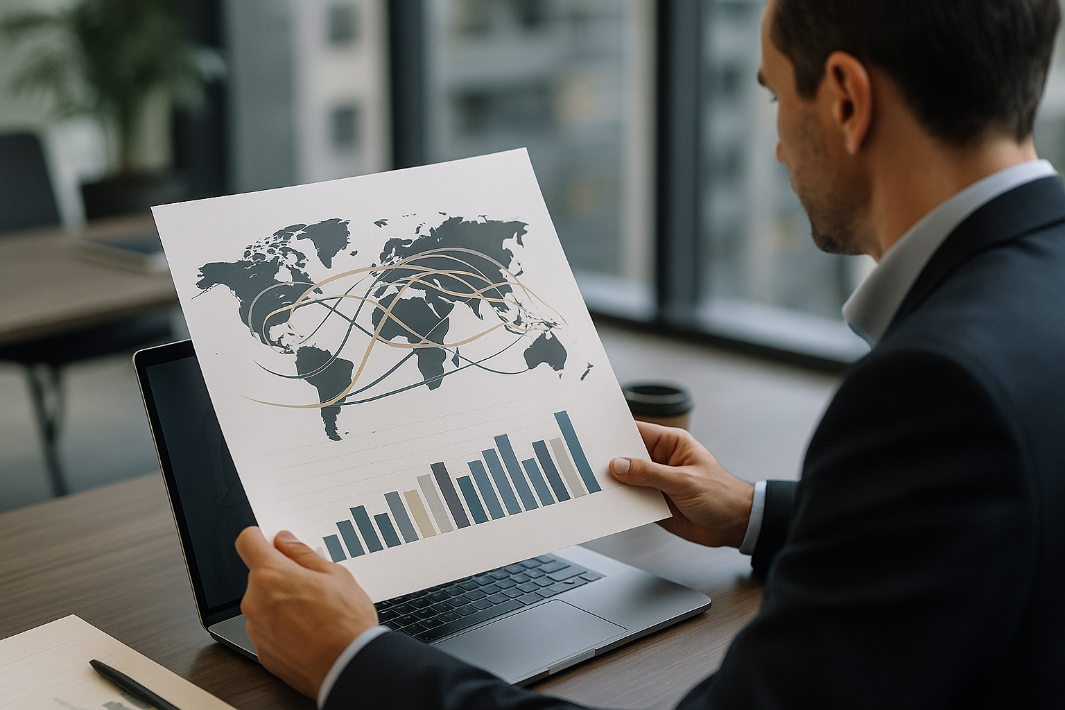 Schema astratto di mercati globali e catene di fornitura che rappresenta la competitività