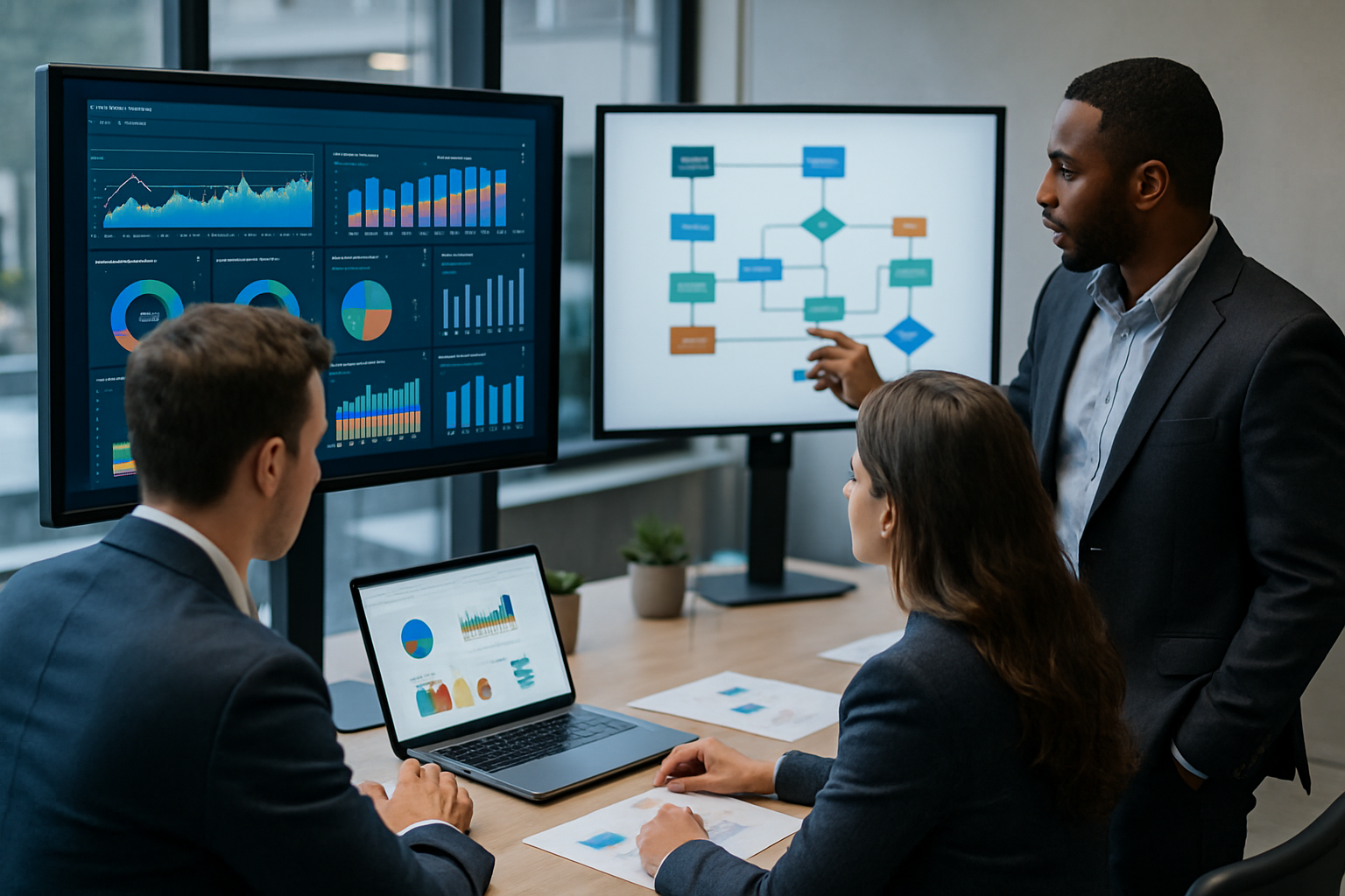 Team aziendale al lavoro su dashboard e processi digitali durante un progetto di trasformazione digitale
