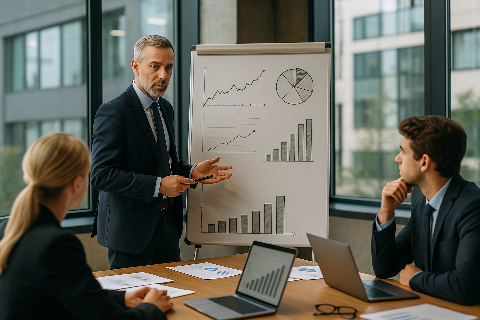 Team manageriale che analizza scenari e priorità per decisioni strategiche aziendali
