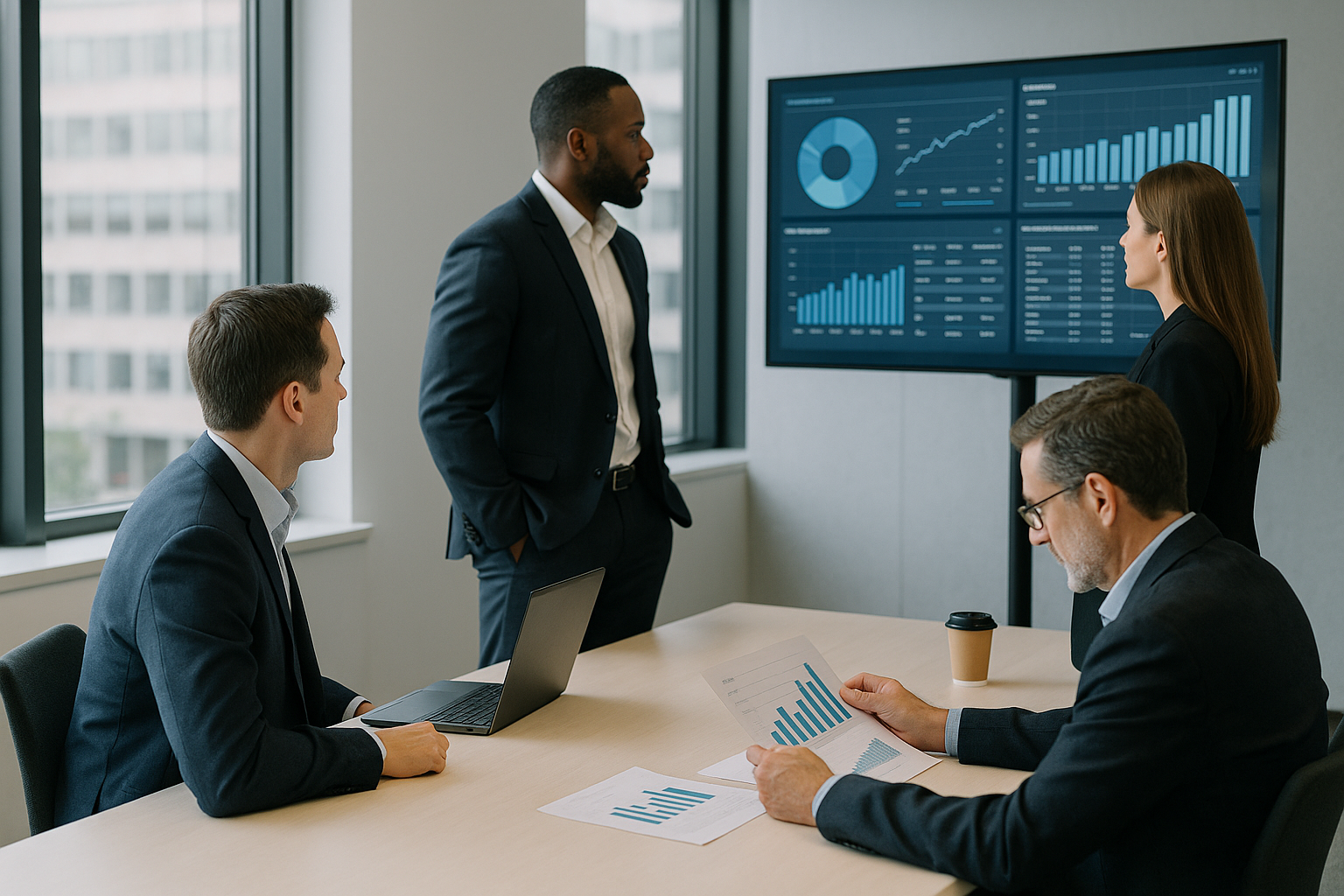 Team aziendale analizza dashboard e indicatori digitali in un ufficio moderno