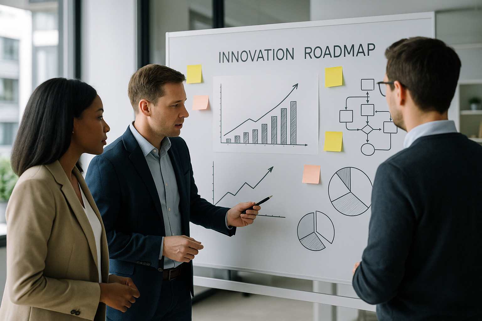 Team aziendale che pianifica una roadmap di innovazione con grafici e diagrammi