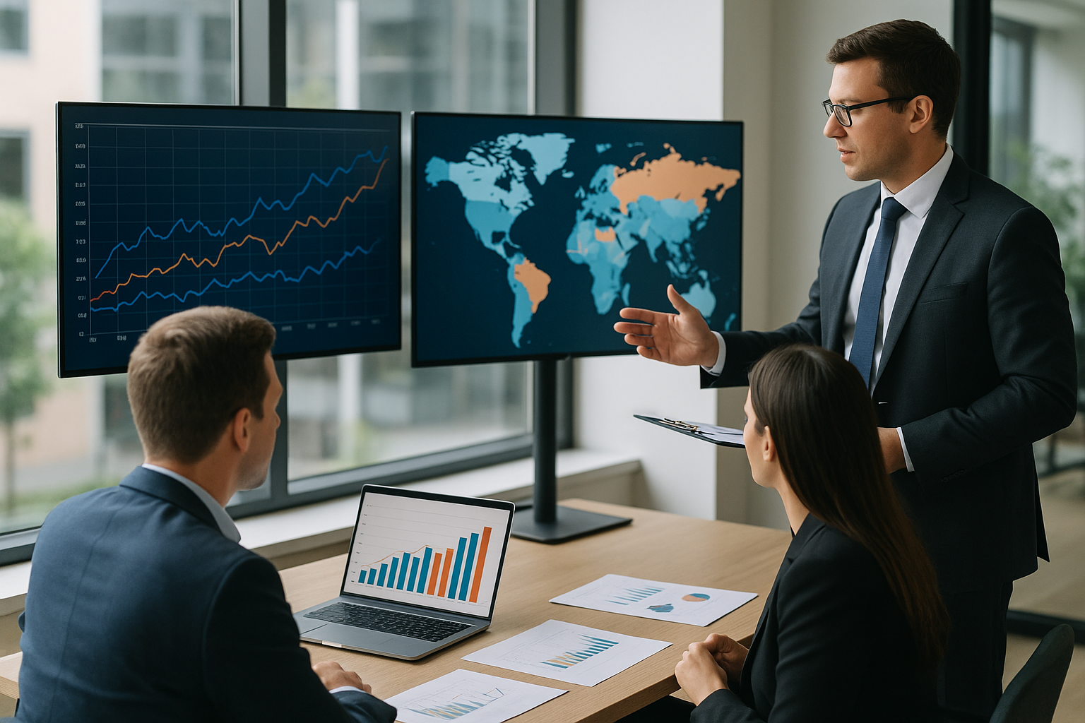Team aziendale che analizza dati e strategie per competere nei mercati internazionali