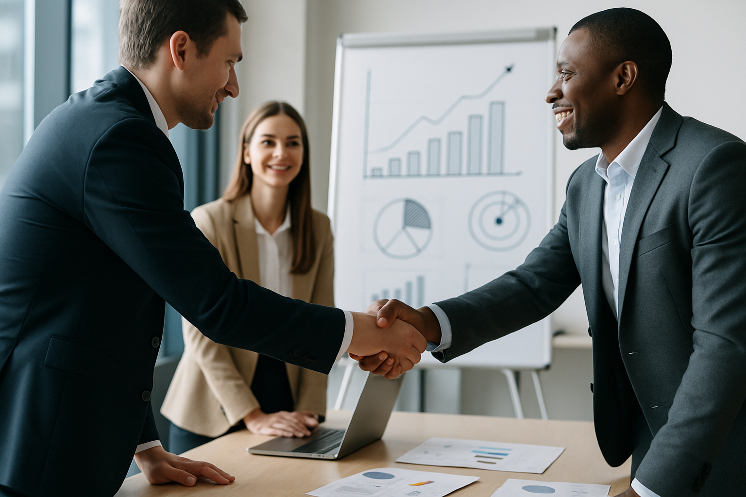 Accordo di partnership tra due team aziendali con grafici di performance sullo sfondo
