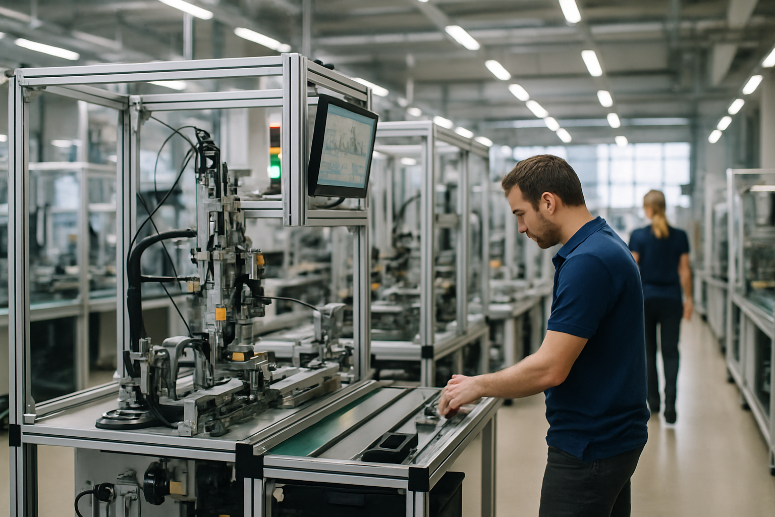 Stabilimento industriale moderno con linee produttive modulari e operatori