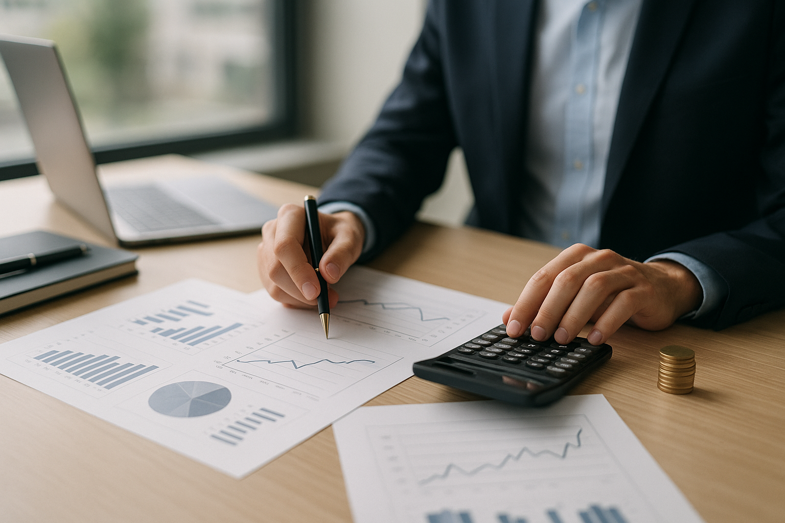 Grafici economici e calcolatrice su una scrivania, simbolo dell’impatto dei tassi di interesse su risparmio e investimenti