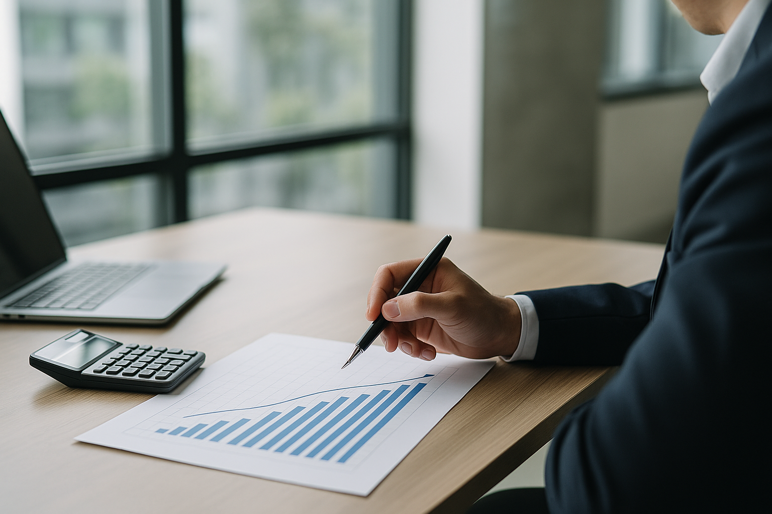 Strumenti da ufficio su scrivania con grafico finanziario astratto, a rappresentare un piano di accumulo