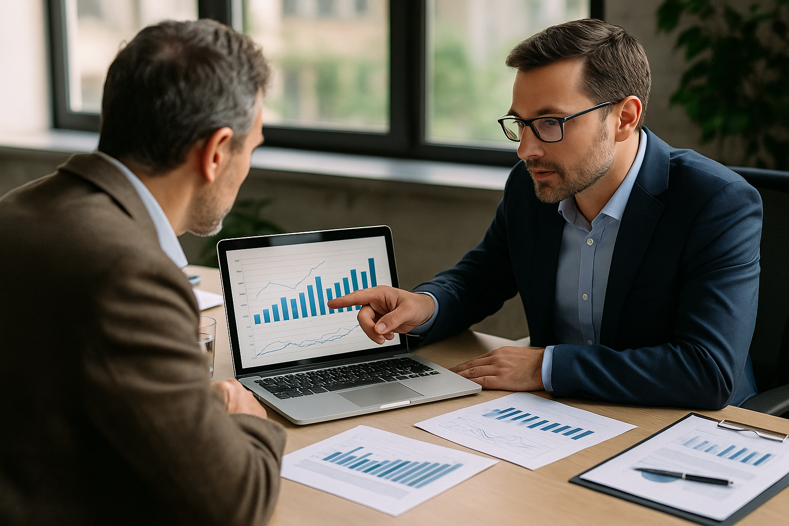 Imprenditore di una PMI analizza indicatori finanziari e flussi di cassa con un consulente per migliorare l’accesso al credito
