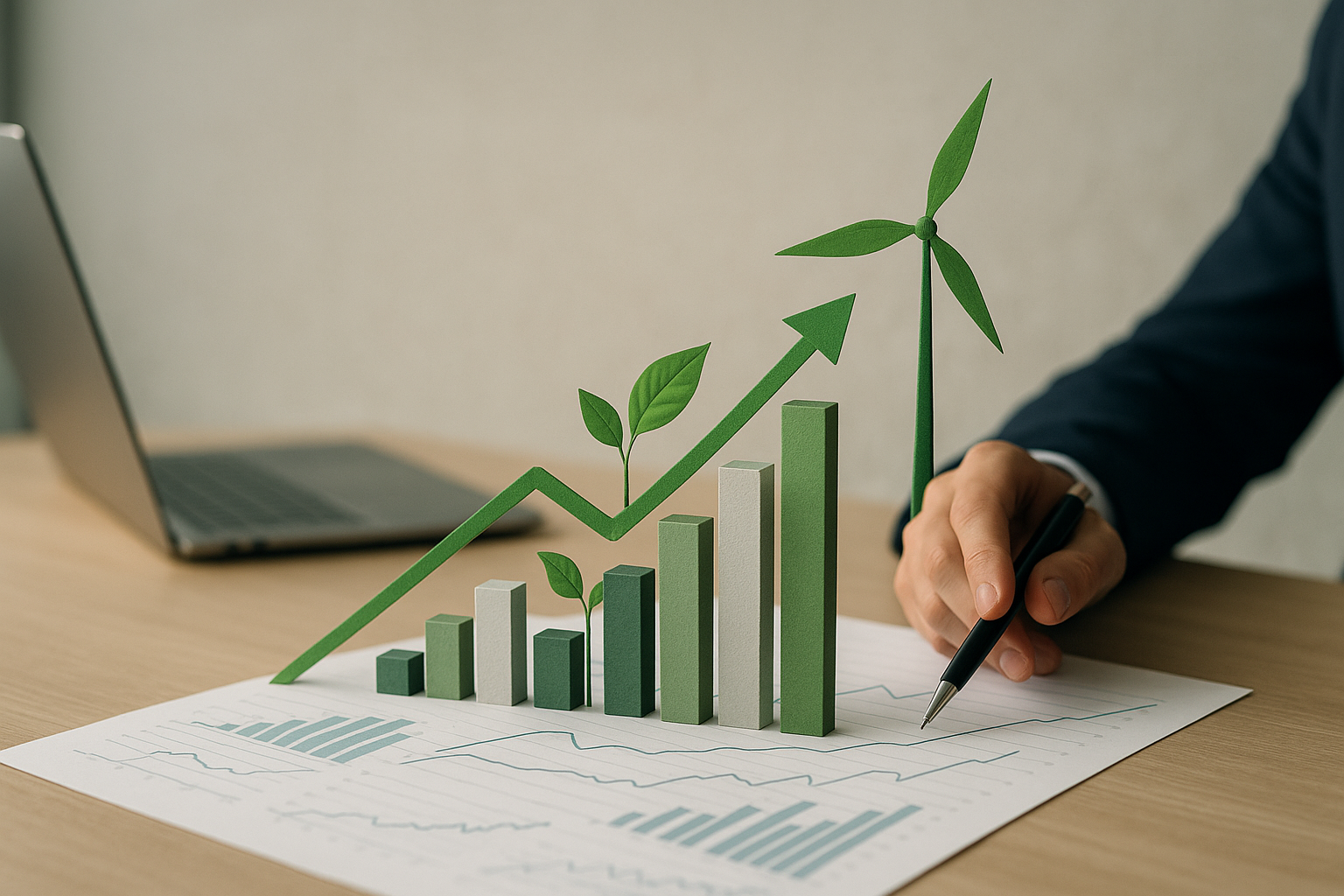 Grafici finanziari e simboli di energia pulita che rappresentano investimenti nella green economy