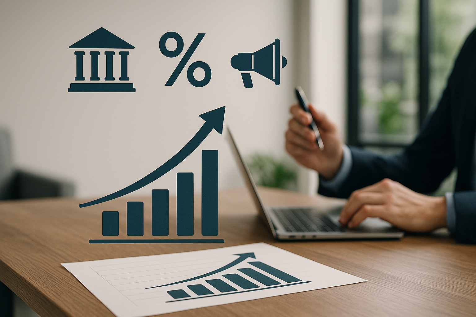 Curva dei rendimenti e simboli astratti che rappresentano decisioni sui tassi e aspettative di mercato