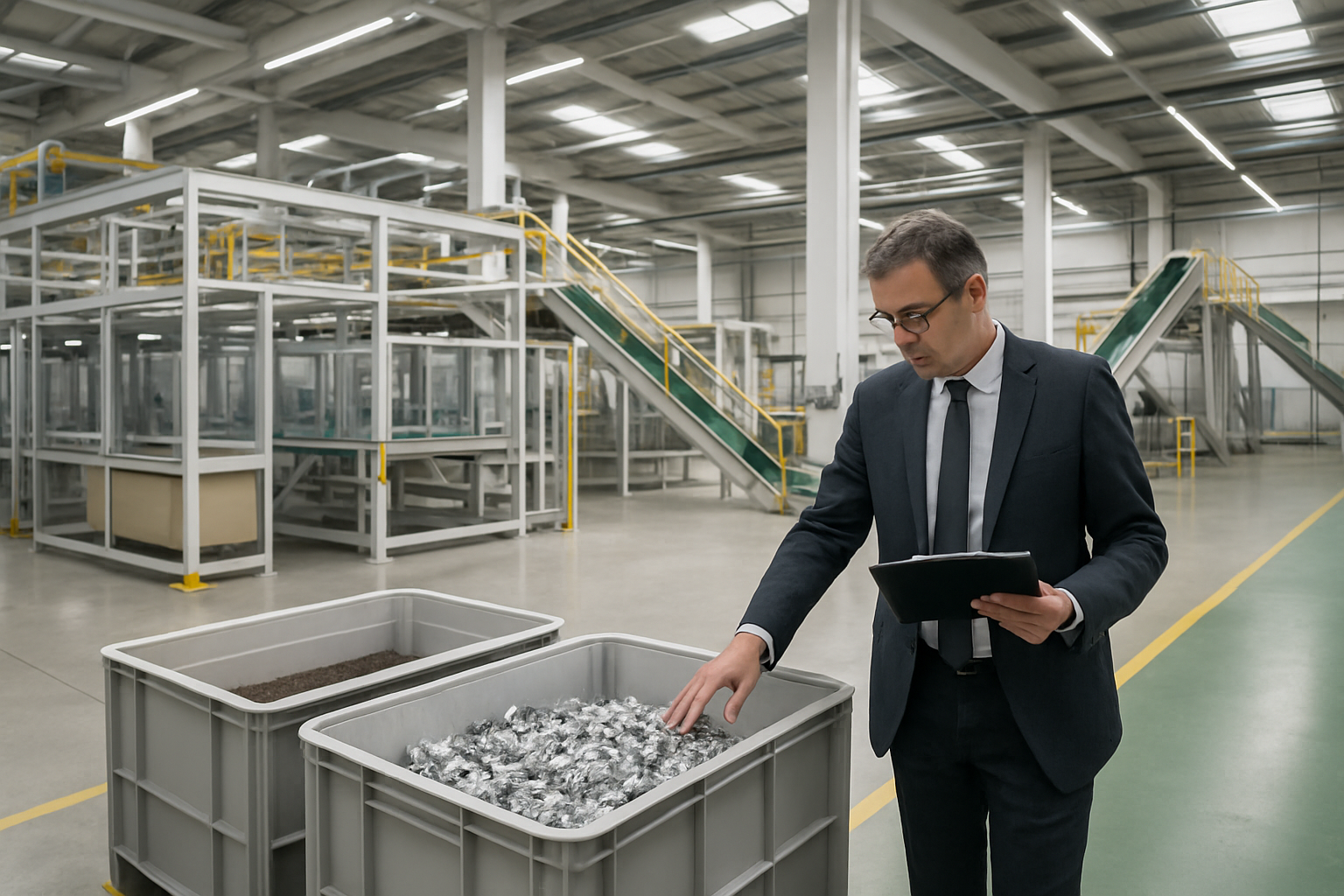 Impianto industriale moderno che integra produzione e recupero di materiali in ottica di economia circolare