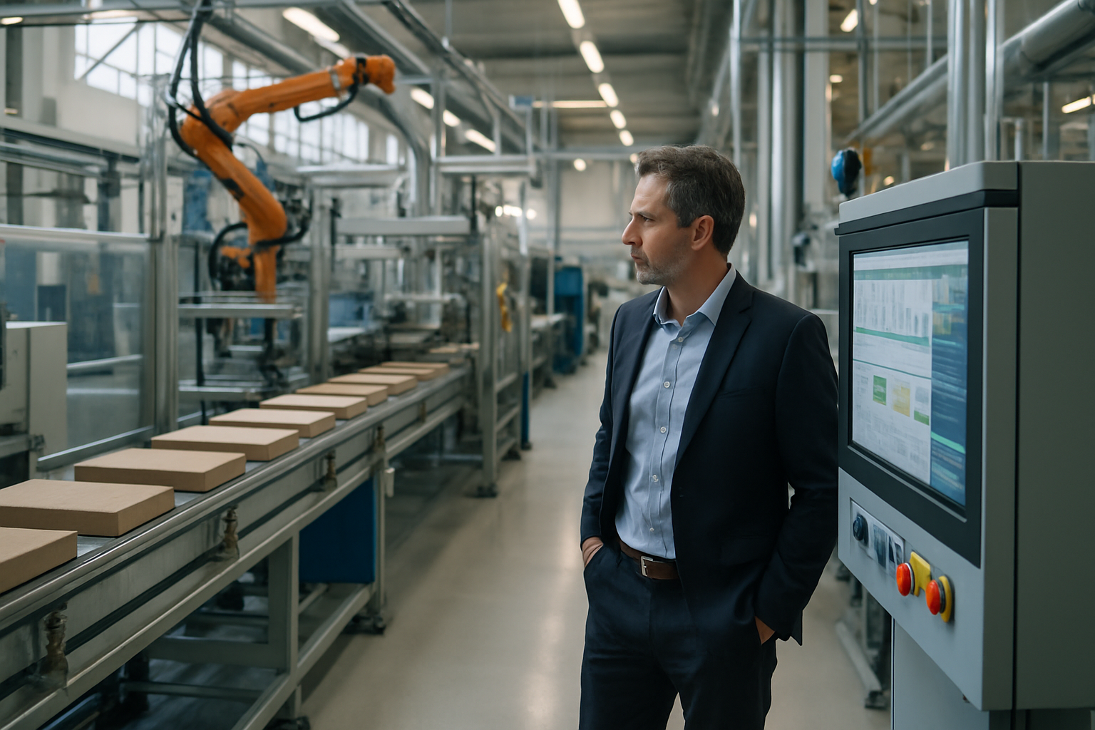 Stabilimento industriale moderno con automazione e pannelli di controllo digitali