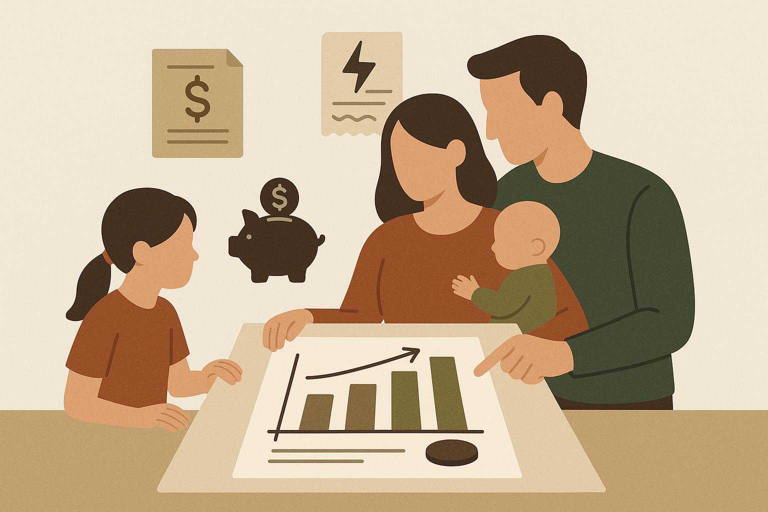 Famiglia che pianifica il budget mensile considerando tasse, spese e risparmio