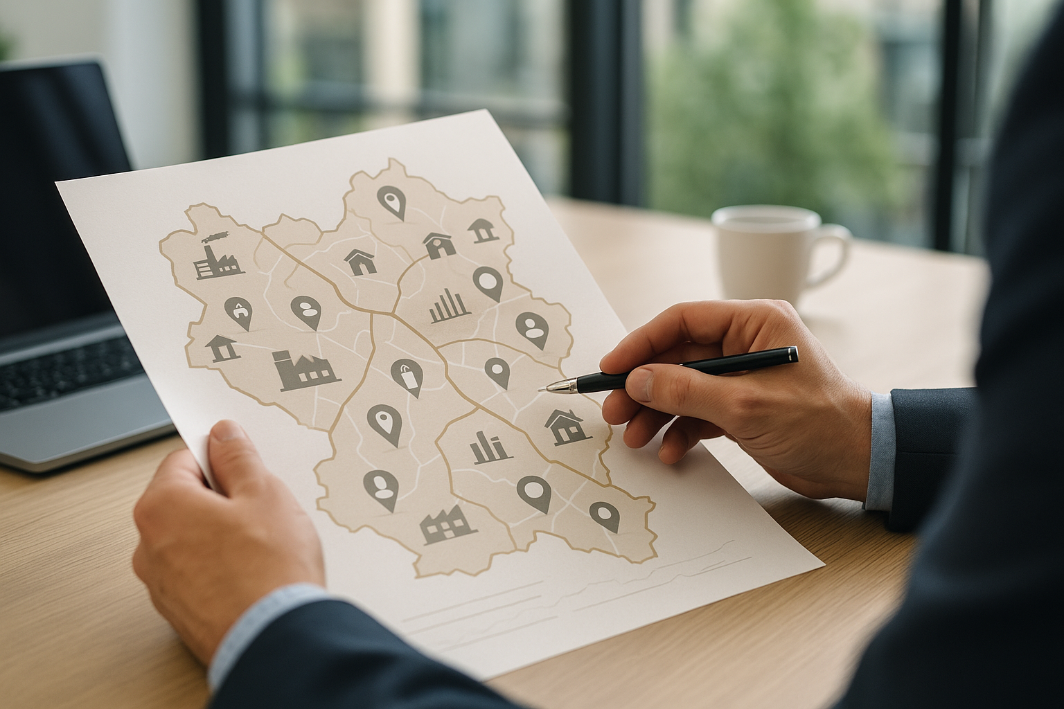 Schema concettuale di economia locale con distretti produttivi, logistica e servizi che sostengono la crescita del territorio